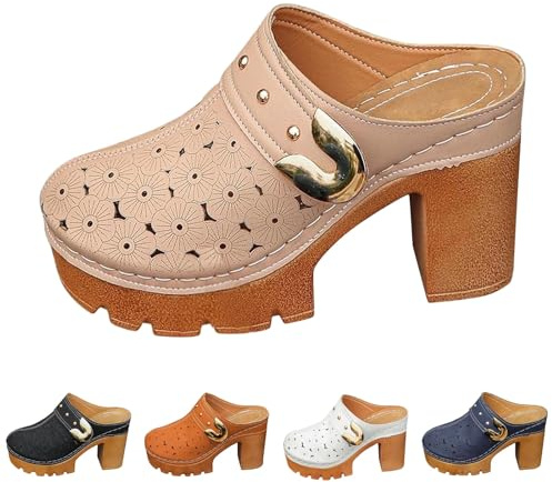 szvbofueck Zoccoli da donna in legno e pelle con tacco – Sandali con zeppa antiscivolo con plateau Scarpe ortopediche Pantofole chiuse Slipper Hollow Out Zoccoli da giardino traspiranti Scarpe estive