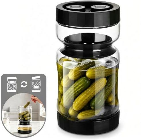 AiQInu Tarro de Vidrio para Encurtidos con Colador, 930ml Contenedor de Fermentación de Doble Capa a Prueba de Fugas, Forma de Reloj de Arena con Perillas para Fecha, Negro