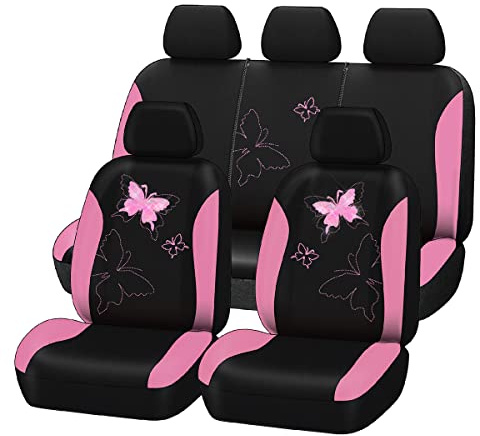 Flying Banner Moda Mariposa Encaje Bordado Fundas de Asiento de Coche(Juego Completo, Rosa)