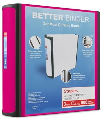 Staples Better Binder, 3 Heavy‑Duty D‑Ring 3‑Ring Binder, Pink, Reinforced Spine, 600‑Sheet Capacity, Durable Organizer for Office, School & Presentations, 2‑Pack