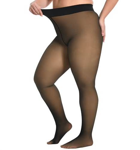 MANZI Fleece Lined Tights Plus Size Thermal Winter Warm Tights for Women High Waisted Fake Translucent Black Pantyhose 3XL-4XL