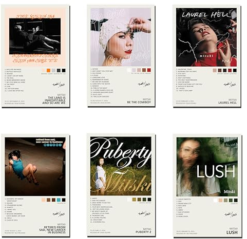WANMLY Mitski, poster su tela con copertina di album musicali, autografato, edizione limitata, set da 6, decorazione artistica da parete per soggiorno e camera da letto, senza cornice: 20 x 30 cm