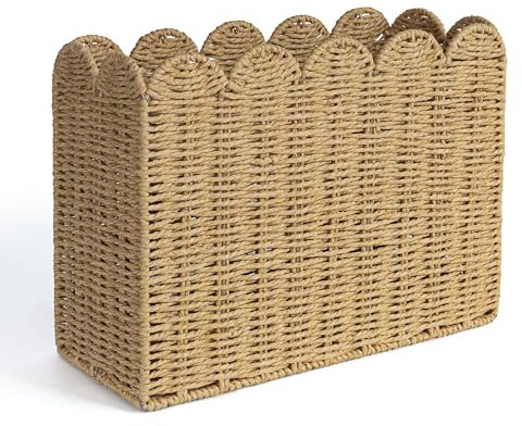 AELS Woven Natural Fibre Magazine Holder, Scalloped Edge Floor Magazine Rack, Hand-woven Organizer, Boho Modern Farmhouse Book Basket, File Newspaper Mail Holder for Office