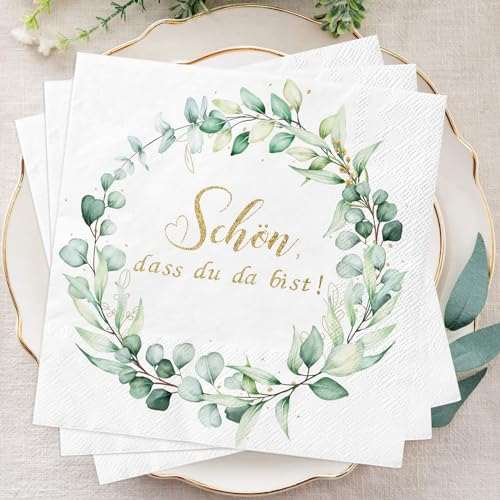Wentsent 50 Stück Servietten Eukalyptus Kranz Grün+ Gold Schön Dass Du Da Bist Servietten für Hochzeit Geburtstag Taufe Konfirmation Kommunion Babyparty Vintage Papierservietten Tischdeko