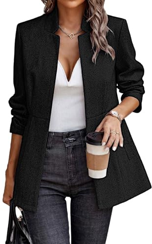 ELLEVEN Blazers for Women Business Casual Open Front Suit Jacket Herringbone Long Sleeve Stand Collar Work Blazer for Office with Full Lining and Padded Shoulders Dark Black Large
