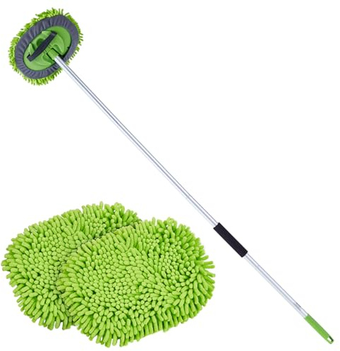VEVOR Car Wash Brush, 62-Inch Extendable Car Washing Brush with Long Handle, Soft Chenille Fiber Car Wash Mop Mitt, 180° Rotatable Car Cleaning Brush with 1 Replacement Mop for Car, RV, Window, Floor