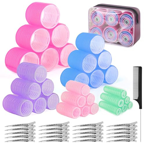 BELICOO 60 PCS Hair Rollers with Clips, 5 Sizes(60/48/36/25/15mm) Velcro Rollers with 28 Metal Clips, Perfect for Long Medium Short Thick Hair (Multicolor)