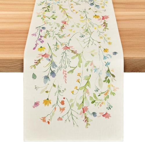 Camino de Mesa de Primavera, 33 x 183 cm Camino de Mesa Pascua con Plantas y Flores, Caminos de Mesas Moderno Lino Lavables, Decoración para Comedor, Cocina, Pascua, Boda, Fiesta Primaveral (B)