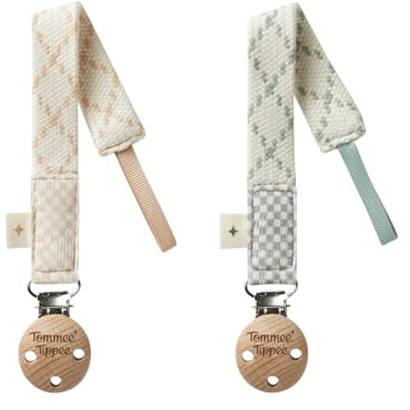 Tommee Tippee Pacifier Clip, Compatible with Any Pacifier, 0+ Months, Organic Cotton, Loop-On Design, Natural Beech Wood and Stainless Steel Paci Clip, Cream and Green, Pack of 2