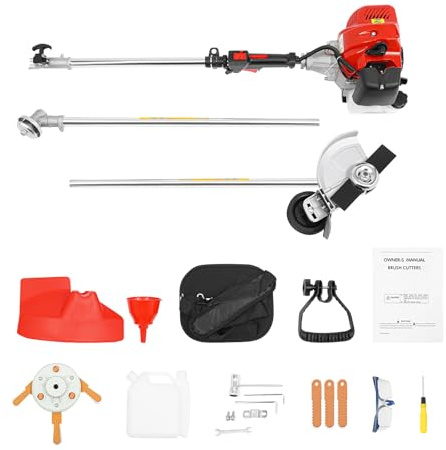 Desbrozadora de gasolina de 43 cm³, 1,25 kW, 2 tiempos, con 2 cabezales de corte + correa para el hombro, depósito de 1000 ml para jardín, agricultura, cuidado de superficies verdes