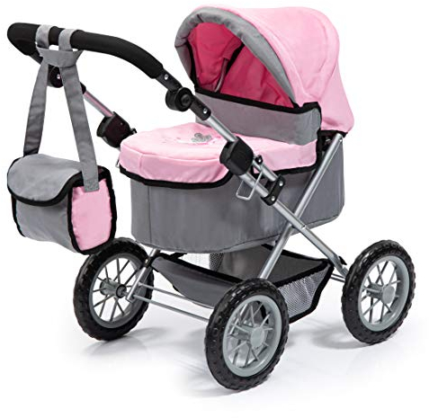 Bayer Design 13008AA Dolls Pram Trendy, stroller, foldable, height-adjustable handle, bag, grey-pink with fairy