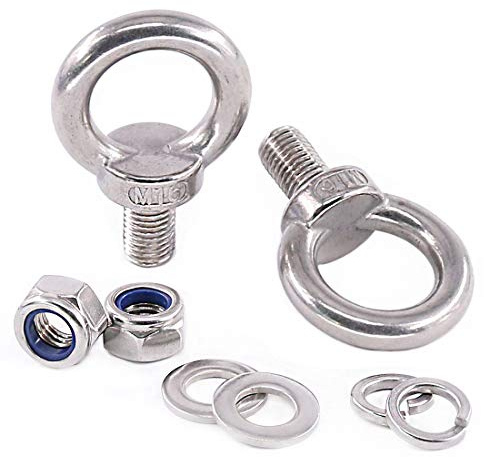 Glarks 8Pcs M16 Heavy Duty Screw Bolt, 2Pcs 304 Stainless Steel Male Thread Machinery Shoulder Lifting Ring Eye Bolt with 6Pcs Lock Nuts/Lock Washers/Flat Washers Set