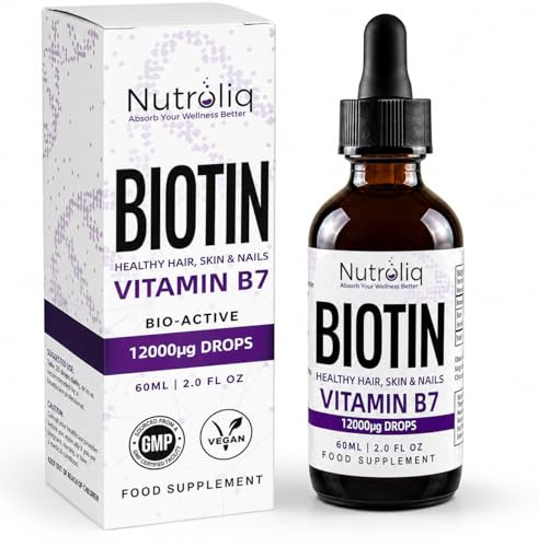 Nutroliq Biotin Liquid Drops - Vegan Vitamin B7 Dietary Supplement for Hair, Nail & Skin Health - Pure 12000mcg Biotin Drops for Hair Growth - Extra Strength Berry-Flavoured Vitamin H Serum - 60 ml