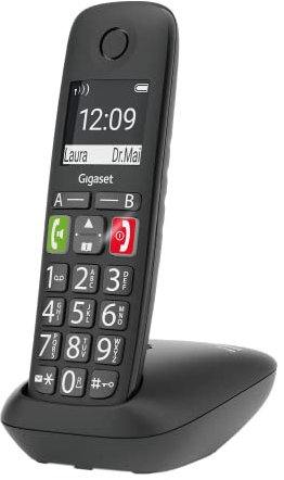 Gigaset E290 - Teléfono DECT Inalámbrico - Botones Grandes - Pantalla Iluminada en Blanco y Negro - Control de Volumen, Negro [Versión Española]