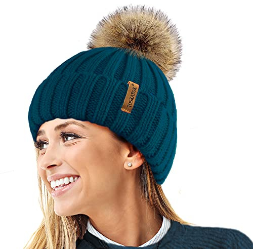 TOSKATOK® Femmes Hiver Rib Bonnet/Beanie avec Chunky détachable en Fausse Fourrure Bobble Pom Pom-Taille Unique-Teal
