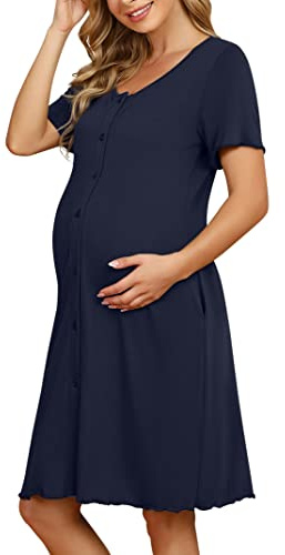 KOJOOIN Chemise de Nuit Naissance Femme d'allaitement Manches Courtes Vêtements de Nuit Coton de maternité avec Patte de Boutonnage sur Toute la Longueur Robe de Nuit,Bleu foncé (Manches Courtes),XL