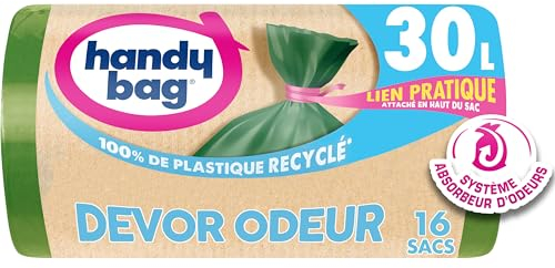 Handy Bag - Sacs poubelle à lien pratique Dévor Odeur 30L x 16 sacs - Système absorbeur d'odeurs - Ultra Résistant - Étanchéité maximale - Lien Pratique attaché en haut du sac - 100% plastique recyclé
