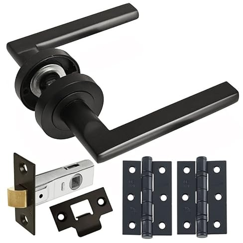 HANDLESTORE Straight Lever on Rose Door Handle - Matt Black Door Handles - Latch, Lock or Bathroom - 3 inch Hinges and 63mm (Latch Pack)