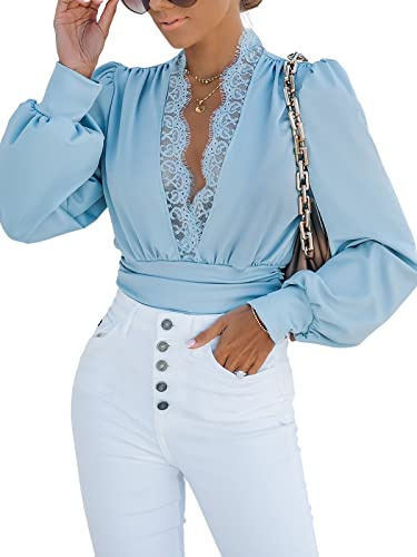 CUPSHE Body da donna con scollo profondo a V, inserti in pizzo, maniche lunghe, pieghe, casual, maglietta a maniche lunghe, tutina, top in maglia, Blu, XL