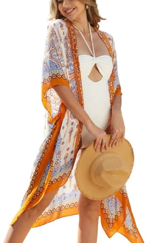 Kimonos for Women Casual Swimsuit Coverup Lightweight Boho Kimono Cardigans for Summer（Beige Yellow Paisley）