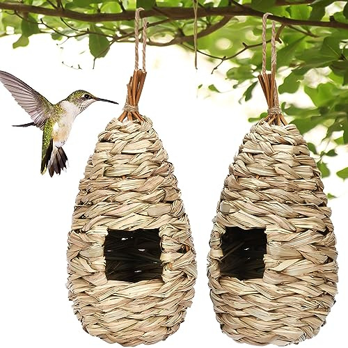 2 Pièces Nid Oiseau Fait à La Main, Grass Bird Hat, Nichoir Tissé à la Main, Maison pour Oiseaux de la Nature, Nichoirs à Oiseaux, adapté aux Petits Oiseaux Tels Que Les Colibris, Perruche (Oval)