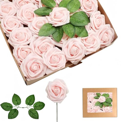 25 rose artificiali in polvere di champagne, rose in schiuma realistiche al tatto con steli, 4 foglie, fiori artificiali per matrimoni, bouquet da sposa, torte, pietre tombali, centrotavola, baby