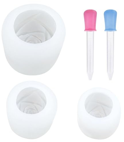 YSJCHEBS Moldes para Velas De 3 Piezas Y Goteros De 2 Piezas, Molde De Pétalos De Rosa, Molde De Silicona, Molde para Velas, Molde para Hacer Hielo, Molde Multifuncional