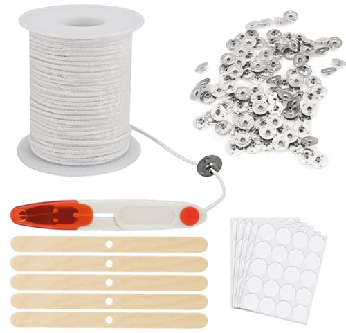 Cotton Candle Wicks, 6100 cm, 100 Pieces with Holders, Stickers, Smokeless Flame Wick for DIY Candles, Communion, Aromatherapy