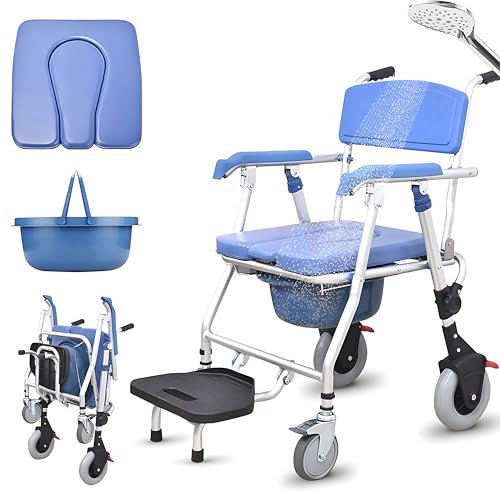 Aocay Toilettenstuhl für Senioren mit Rollen, Toilettenstühle klappbarer mit Armlehnen, Duschstuhl mit Rückenlehne und Toiletteneimer für Hauspflege, Tragfähigkeit 150kg, Blau