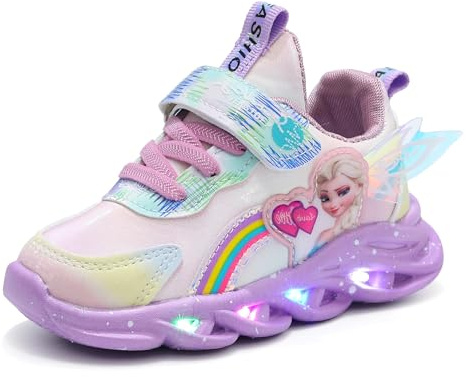 Barnskor med ljus, ELSA skor for flickor, blinkande sneakers med och kardborreband, självlysande halkfria rosa lila trainers for flickor for vår, sommar och höst(Purple leather,27 EU)