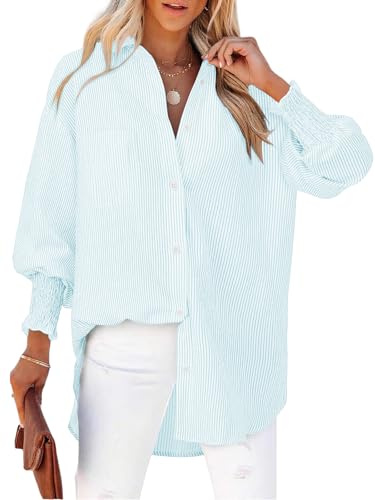 Cuptacc Blusa Mujer Manga Larga Rayas Cuello Vuelto Larga Camisa Elegante Puños Plisados Camisas Cómoda Suelta Transpirable Top Talla Grande Rayas Azul Cielo XXXL