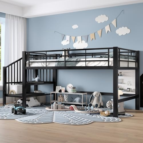 PUGSDRLY Lit Mezzanine Enfant 90 x 200 cm avec Échelle à Marches Spacieuses, Cadre de lit avec Grand Espace de Rangement sous Le Lit, Structure Métallique (Black)