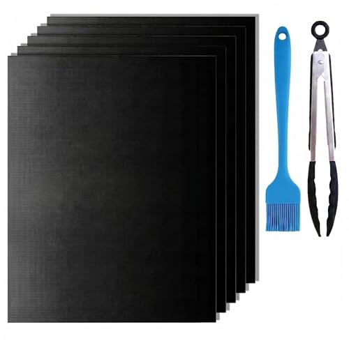 GROFIS Juego de 5 Estera de Barbacoa 40x32cm, Antiadherente BBQ Grill Mat de Teflón, Papel de Horno Reutilizable con Cepillo y Clip, Tapete para Barbacoa de Carbón Parrilla Eléctrica Horno