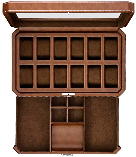 ROTHWELL 12 Slot Pelle Guarda Box con Presa e Consegna cassetto - visualizzazione della Cassa per Orologi di Lusso organizzatore, Microsuede Liner, monili di Chiusura Mens - Scatola Dell'orologio