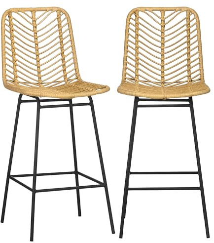 HOMCOM Lot de 2 Tabourets de Bar, Chaises de Bar, Assise 66H cm, Dossier en Cannage et Repose-Pieds, Cadre en Acier, Design Bohème, Chaises Hautes Cuisine, Salle À Manger, Comptoir, Jaune