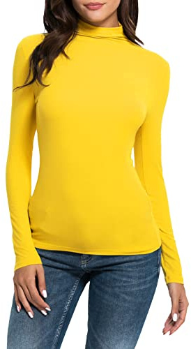 Camiseta interior de manga larga para mujer, cuello alto, algodón, suave, elástica, color liso, camiseta interior de corte ajustado