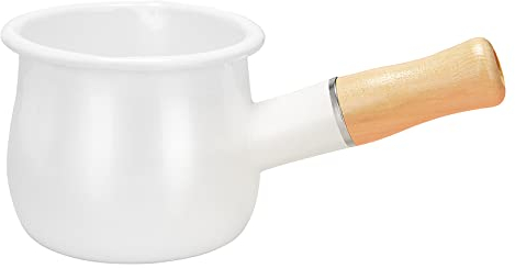 Ocnvlia Sartén esmaltada para leche, mini calentador de mantequilla de 10 cm, cacerola esmaltada con mango de madera, tamaño perfecto para calentar porciones líquidas más pequeñas (blanco)