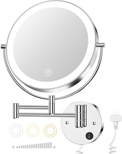 Gospire Specchio da trucco illuminato da parete da 22,9 cm, con 3 luci colorate e oscuramento continuo, ingrandimento 1X/10X, LED a doppia faccia, con sensore tattile, braccio estensibile, girevole a