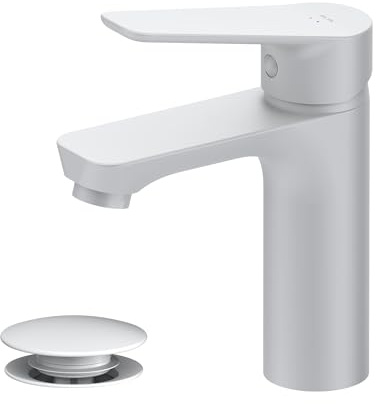 Waschtischarmatur Weiß Matt mit Klick-Ablaufgarnitur, Einhebel-Waschtischmischer Kurzer Auslauf 100mm, Mischbatterie Pop-Up Ventil, Einhebelmischer mit Ablaufgarnitur Waschbecken, AM.PM Hit FTA82133