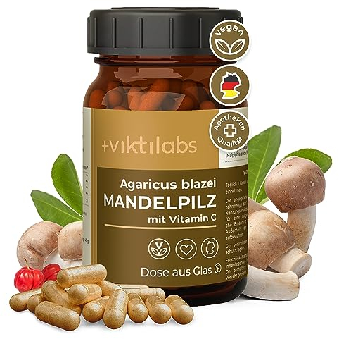 Viktilabs© Mandelpilz - Agaricus blazei - Kapseln hochdosiert - 400mg Mandelpilz Extrakt + 110mg Pulver pro Kapsel | Vitamin C aus Acerola-Kirschen | 2-Monats-Vorrat | Entwickelt in Deutschland