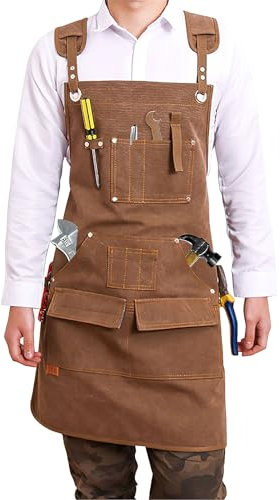 LYCN Tabliers de travail en bois pour homme, tablier réglable en toile de coton avec poches à outils, tablier robuste pour atelier, charpentier, cadeau de chef, horticulture, barbecue, café (marron