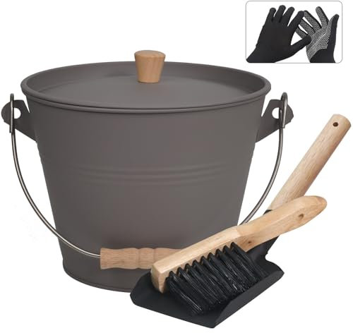 BRIAN & DANY Secchio per cenere con coperchio, secchio per cenere per camini, secchio in metallo da 5 litri per cenere calda con pala e scopa a mano, grigio