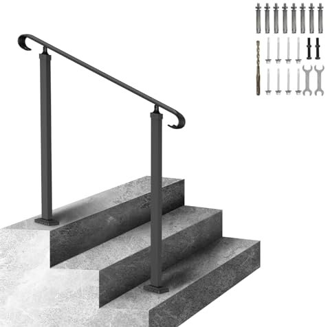 VEVOR Wrought Iron Handrail, Fit 1 or 2 Steps Outdoor Stair Railing, Adjustable Front Porch Hand Rail, Black Transitional Hand railings for Concrete Steps or Wooden Stairs with Installation Kit