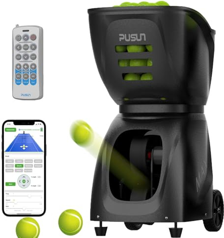 PUSUN PT-Max C Machine à balles de tennis, lance-balles de padel et de tennis avec 145 balles, double contrôle via application et télécommande, 35 balles auto-programmables, portable