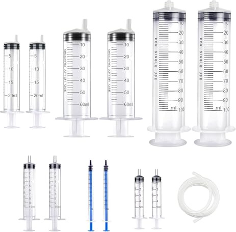 12 stycken spruta 1 ml/5 ml/10 ml/20 ml/60 ml/100 ml, utan nålspruta med lock, förpackade sterilsprutor, stor spruta med slang set med sprutor för köks trädgårdsupplevelser