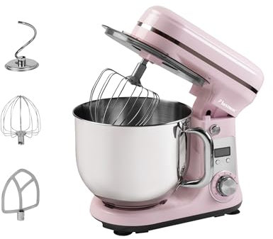 Bestron Robot Patissier, Robot pâtissier super silencieux (65 dB), Robot de cuisine 4-en-1, bol de 6 litres, inclus crochet pétrisseur, fouet et batteur plat, 6 vitesses + fonction Pulse, Rose