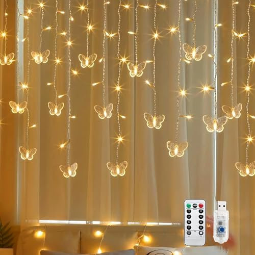 TETSMG Lichtervorhang Schmetterling, 3.5M 96 LED Frühlingsdeko Lichtervorhang Innen, Lichterketten Vorhang USB 8 Modi, Lichterkette Vorhang mit Fernbedienung Timer für Frühling Zimmer Deko (Warmweiß)