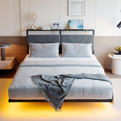 HOJINLINERO Bettgestell 120x200cm Bett mit LED Ladestation & Beleuchtung,Metallbett 120x200 mit Stauraum,Bettrahmen mit Lattenrost,Schwebender visueller Effekt
