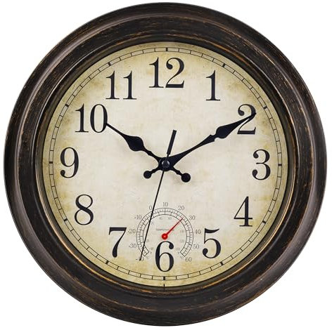 jomparis Horloge Murale Geante Montre d'extérieur de 30 cm avec thermomètre - Étanche et résistante aux intempéries - Pour jardin, terrasse, piscine, patio - Bronze