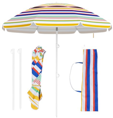 RELAX4LIFE Ombrellone da Spiaggia 179 cm, Ombrellone da Esterno Portatile e Antivento, Inclinazione Regolabile, Protezione Solare, Base a Trivella, Borsa di Trasporto, Multicolore